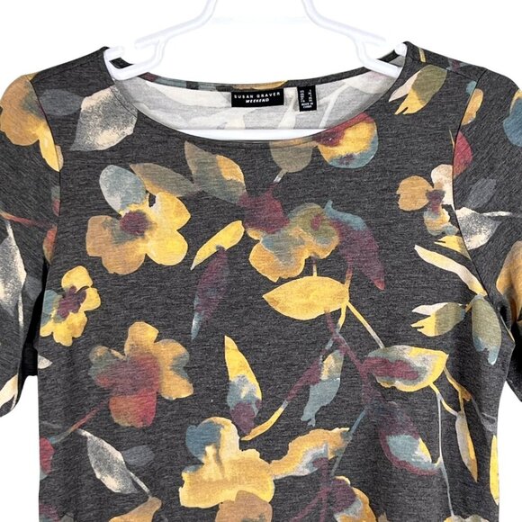 Susan Graver Weekend L Muted Floral 3/4 Sleeve Ring Detail Pullover Comfort Top - Picture 4 of 12